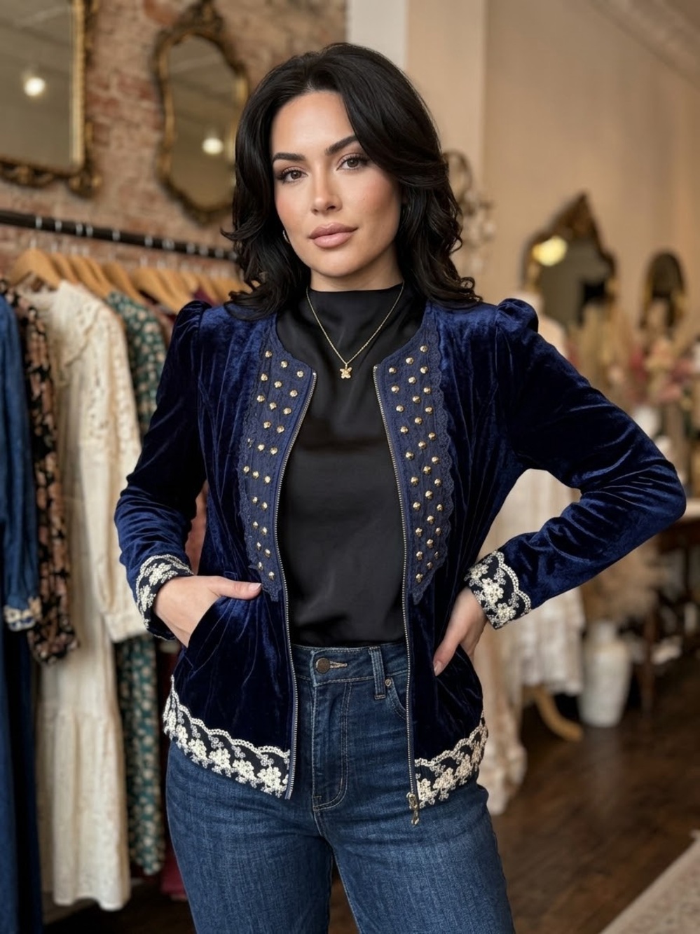 (A5) Vintage Asian-style navy blue velvet jacket, size XXL